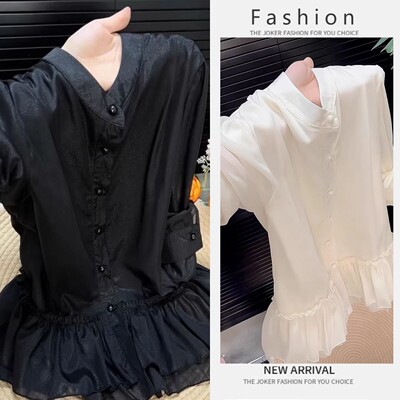 黑色法式立领长袖荷叶边