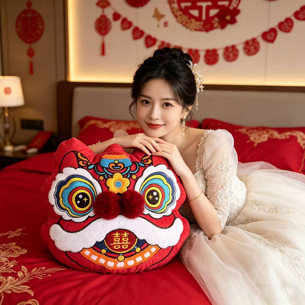 【国潮醒狮结婚乔迁抱枕套】