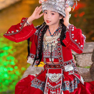 苗族儿童服饰女六一节三月三演出服红色苗疆少女民族风土家族服装