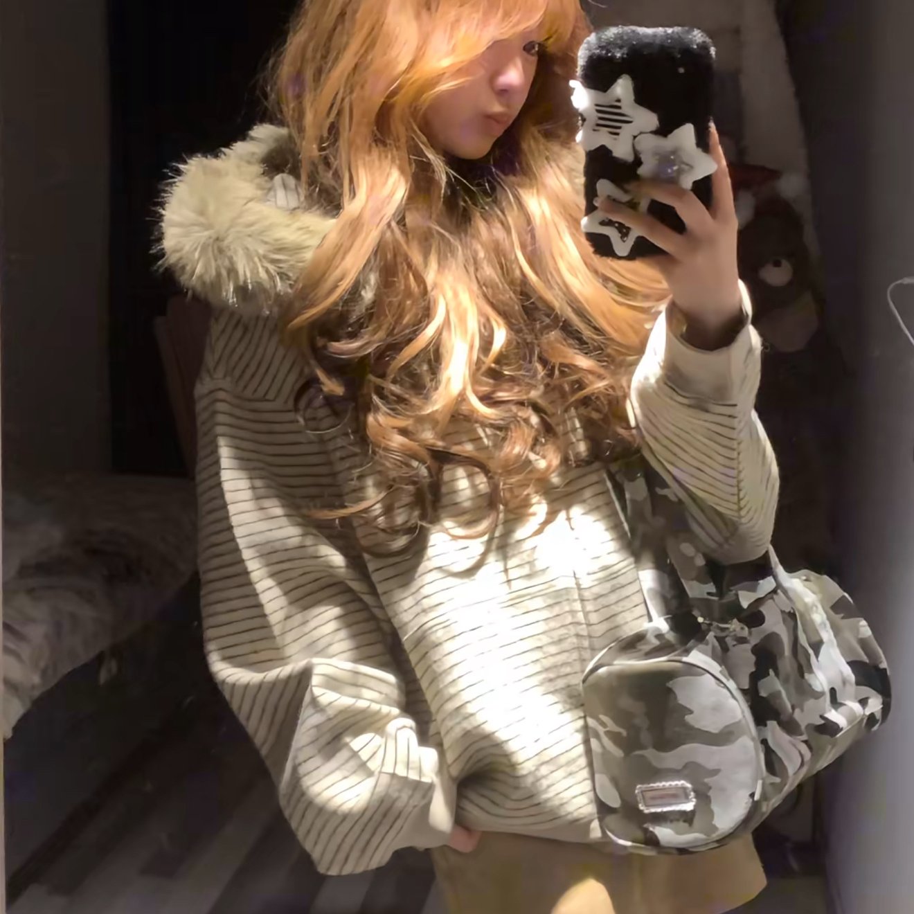 美式条纹毛领连帽外套女秋新款加绒宽松卫衣情侣开衫外套