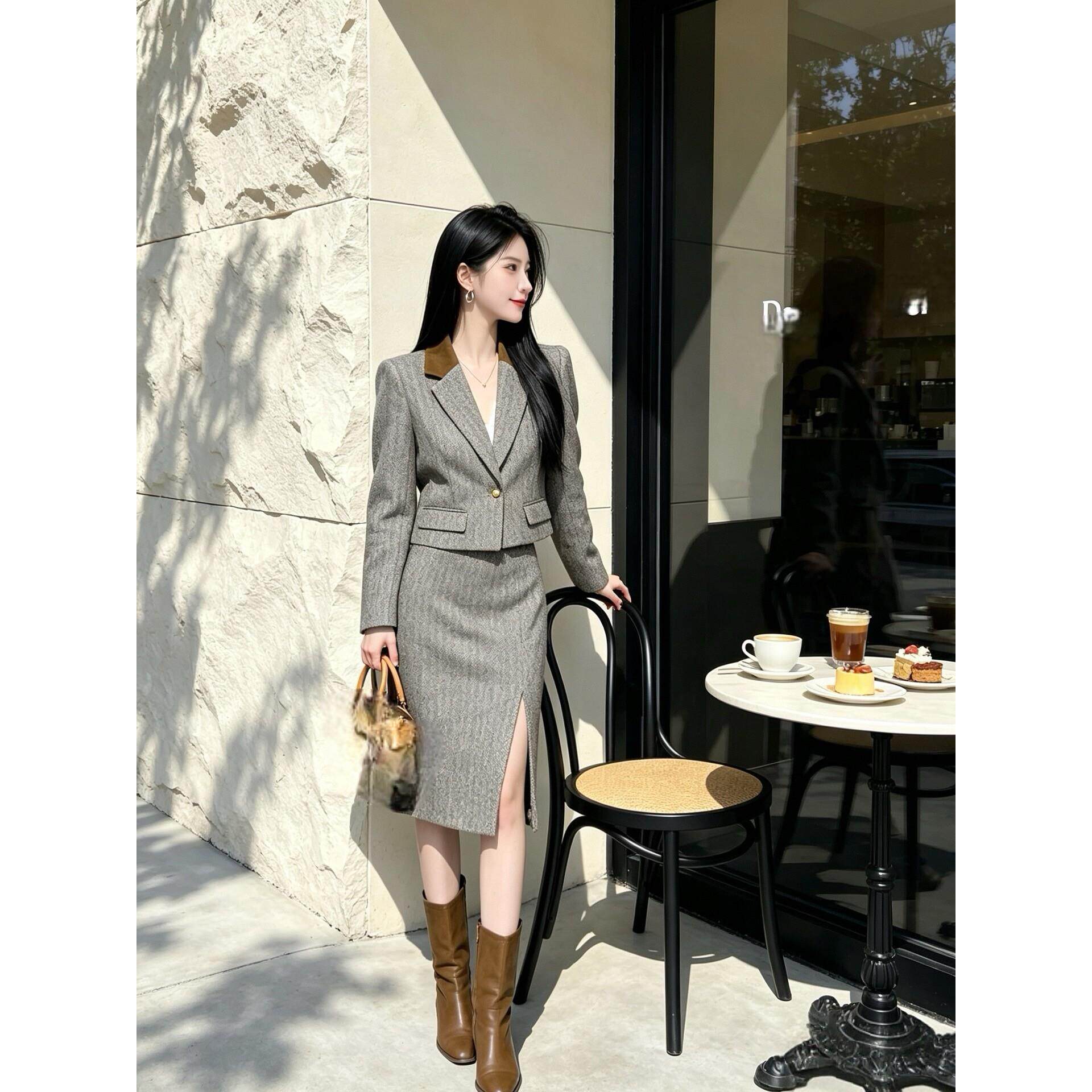2026新款撞色外套开衩半裙套其它制服/套装