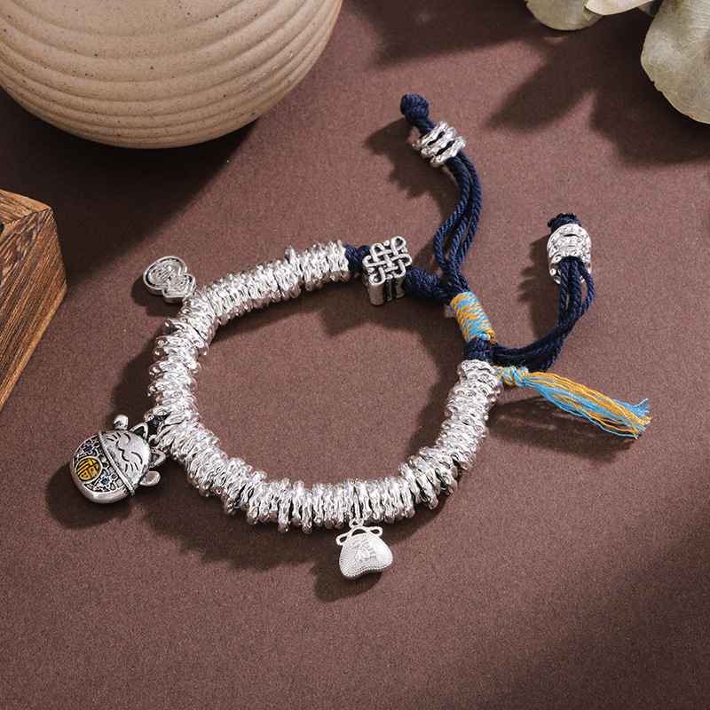 日本品质白铜镀银手链招财猫盘缠手串女编织手绳福禄中国结流苏手