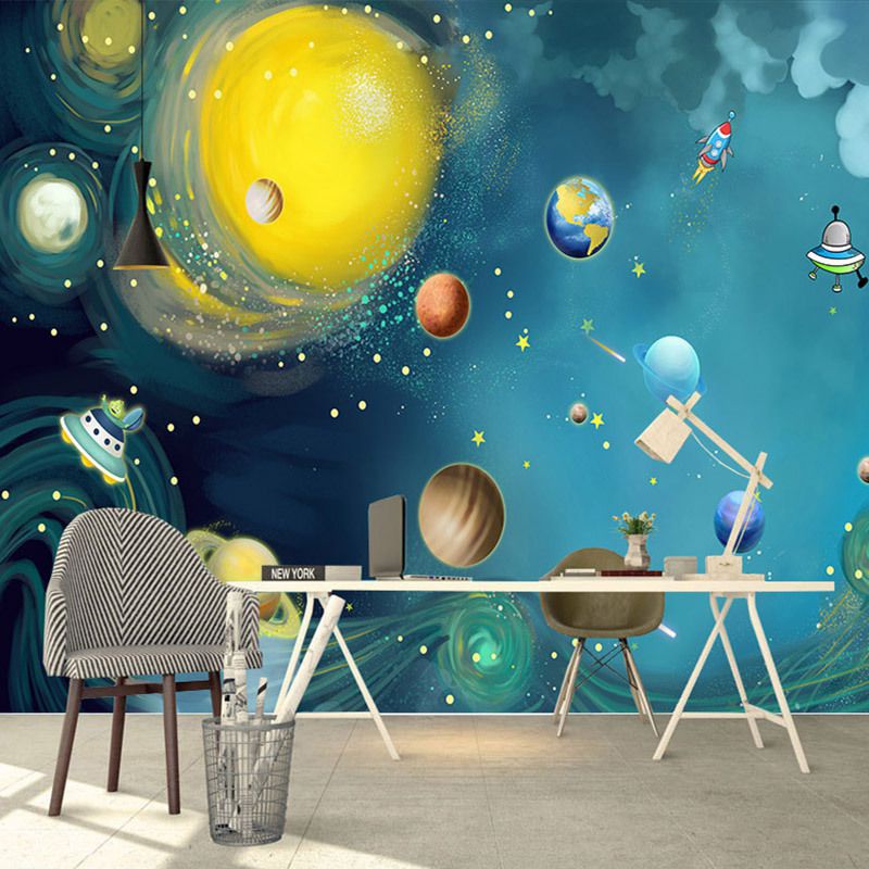 手绘卡通宇宙星空装饰太空遨n游儿童房卧室背景墙布幼儿园墙布壁