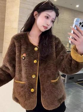 MONLOUVE拼接撞色羊羔毛外套女短款2025秋冬新款时尚洋气减龄圆领