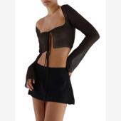 top女士方领网纱绑带短款 Square 上衣 strap short neckline mesh