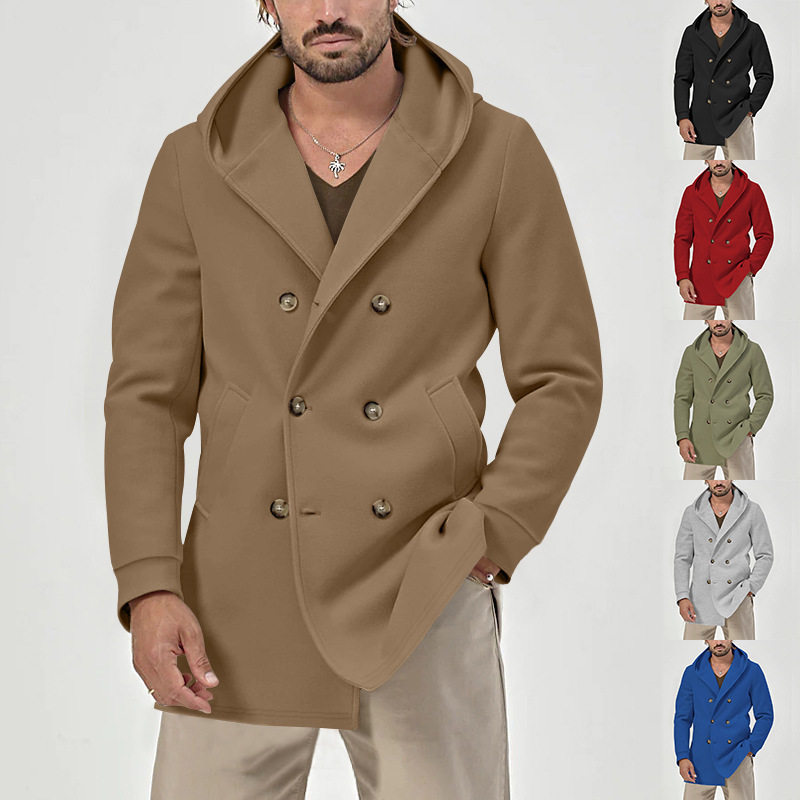 2025秋季欧美男土风衣中长款翻领连帽上衣双排扣外套Men jackets