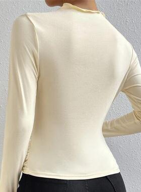 Solid Color Slim Fit Pleated Long Sleeve T-shirt Women'sTop