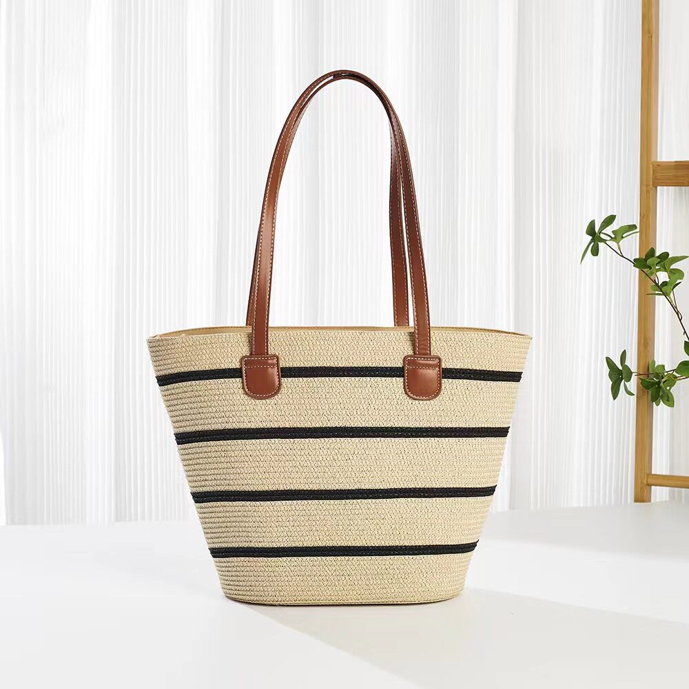 thumbnail for Seaside vacation beach bag women's 2025 new summer woven shoulder bag large capacity underarm straw bucket bag