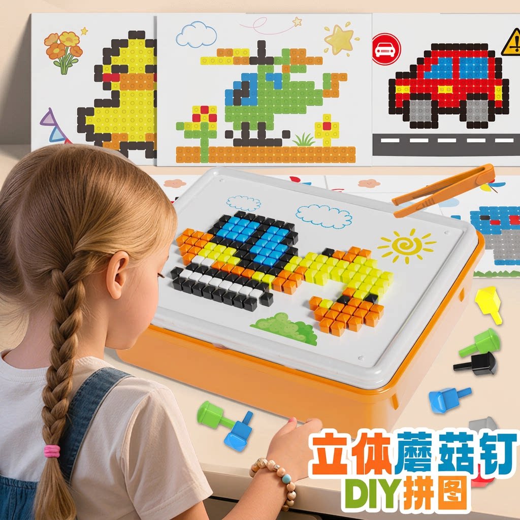 儿童DIY拼图立体蘑菇钉拼板玩具图片