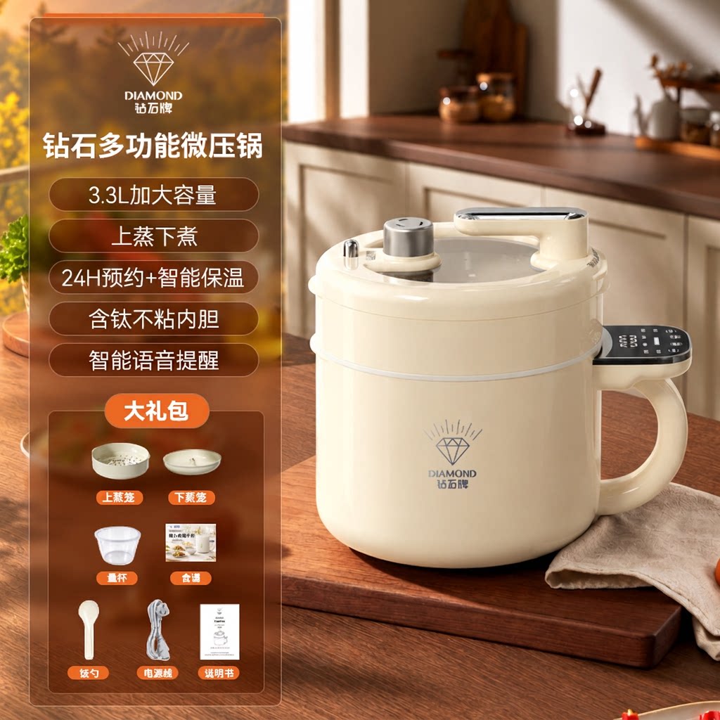钻石小型电饭煲电煮锅家用学生宿舍锅小煮面锅料理锅2L迷你微压