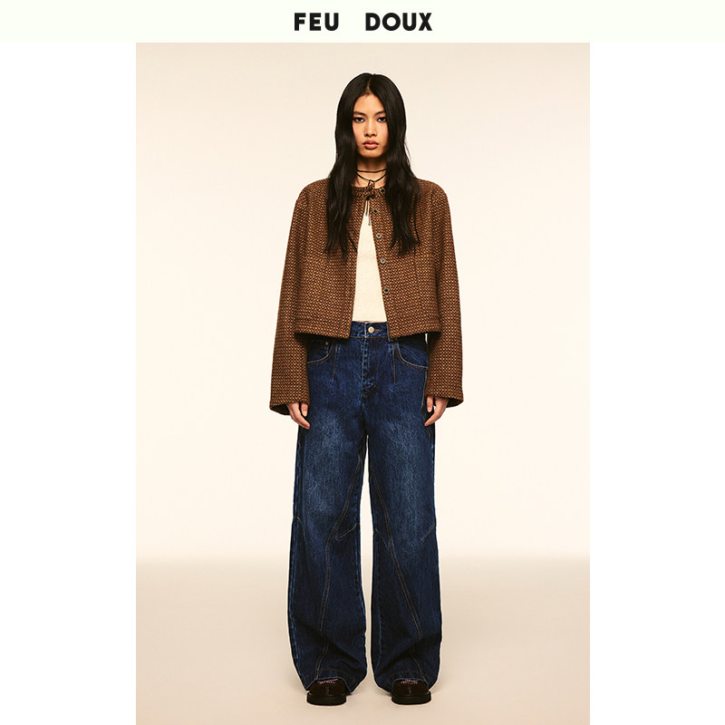 FEU DOUX 限定款圆领进口粗纺格纹短款女士外套