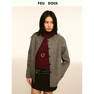 FEU DOUX复古棋盘格羊毛外套女显瘦通勤上衣