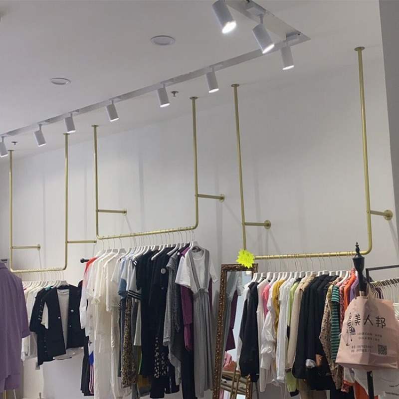 服装店展示架金色铁艺侧挂货架上墙吊顶陈列架u悬挂衣架女装吊架