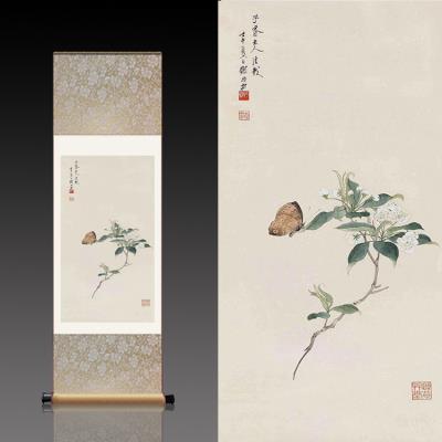 梨花蝴蝶丝绸画卷轴画客厅挂画新中式玄关装饰画国画花鸟画新品图片