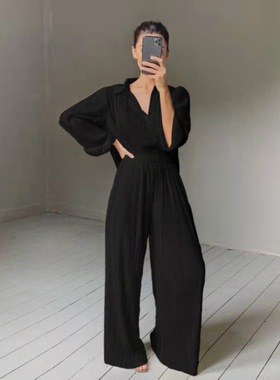 New autumn and winter pleated shirt + pleated trousers suit