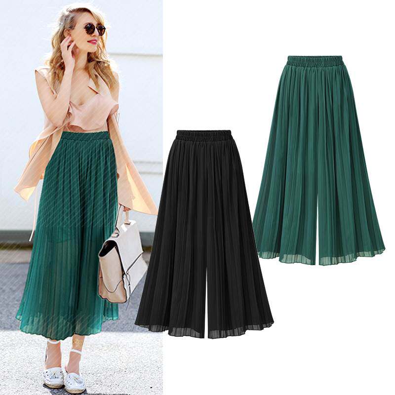 夏装新胖MM大码女装显瘦百褶宽松雪纺阔脚裤women Wide Leg Pants