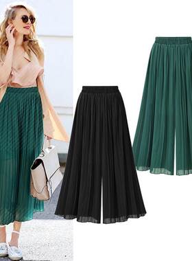 夏装新胖MM大码女装显瘦百褶宽松雪纺阔脚裤women Wide Leg Pants