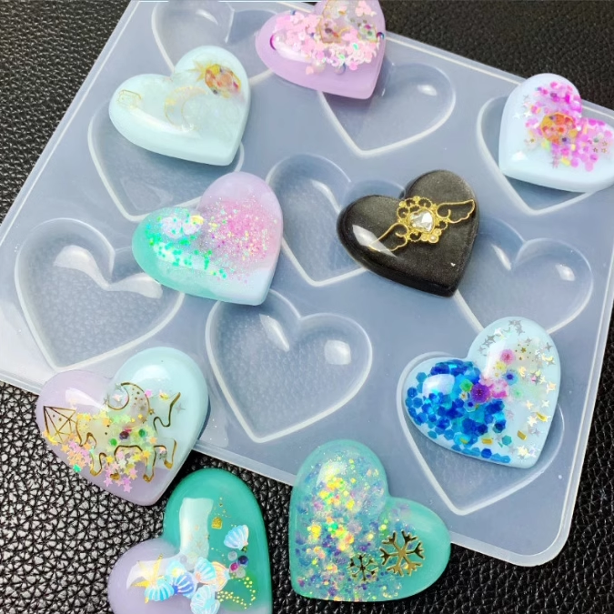 9-Cavity Clear Shiny Heart Silicone Mold DIY Resin Puffy