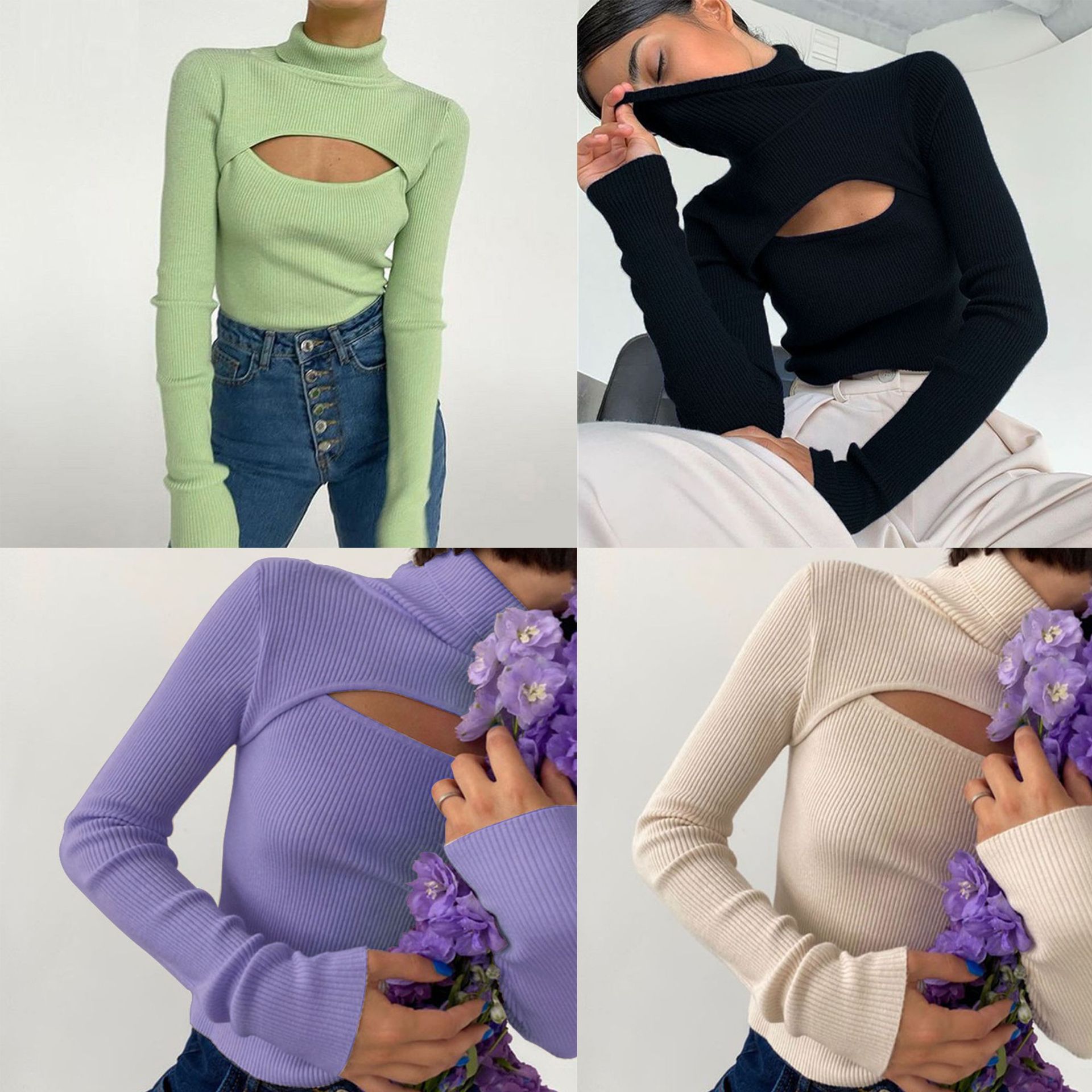 露胸长袖针织卫衣女装欧美上衣Bare chest long-sleeved sweater