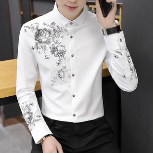 男春秋夏季 寸衫 休闲纯棉衬衣设计高级感高端印花男士 白色长袖 衬衫