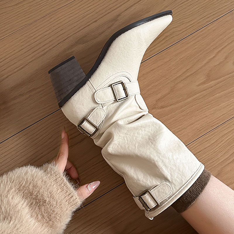 软皮版~英伦风皮带扣马丁靴气质中筒堆堆靴子尖头粗跟白色短靴女