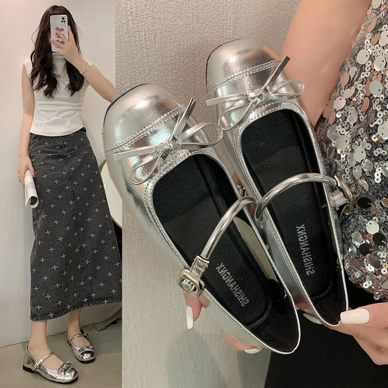 银色浅口芭蕾风平底单鞋女2025新款夏季配裙子法式休闲圆头玛丽珍