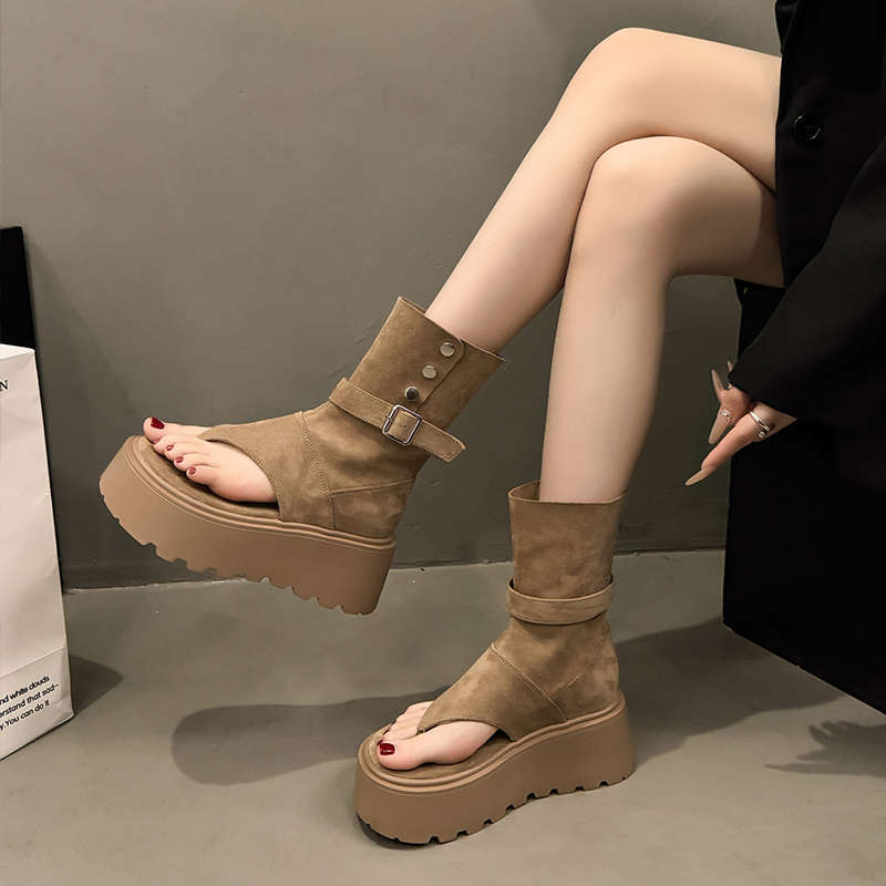 西部牛仔堆堆靴时尚中筒短靴子女2025夏季新款厚底增高夹趾靴凉靴