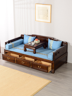 实木推拉罗汉床老榆木多功能抽拉两用沙发床小户型禅意雕花罗汉榻