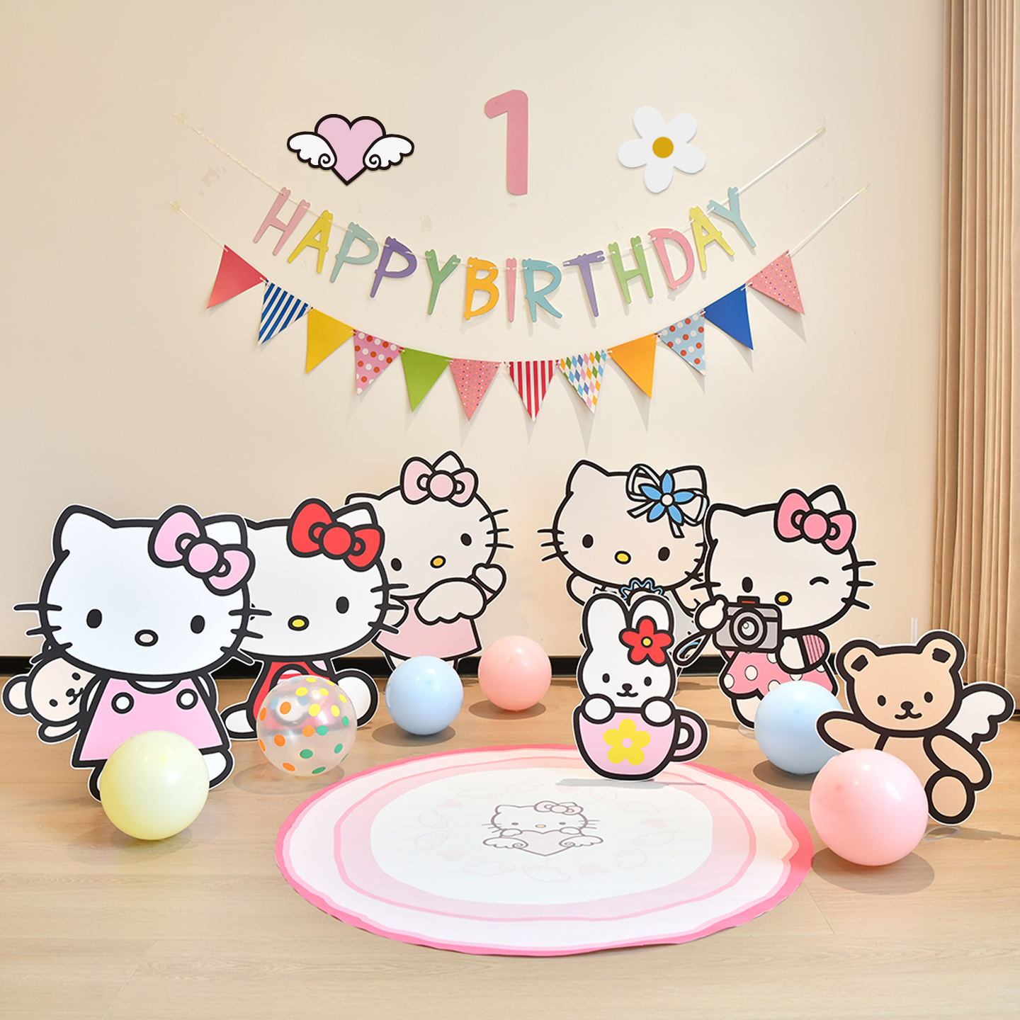 3周岁宝宝hellokitty生日布置场景装饰女孩童拍照道具背景墙kt板