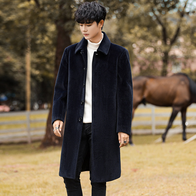 长款毛呢外套男翻领韩版金貂毛