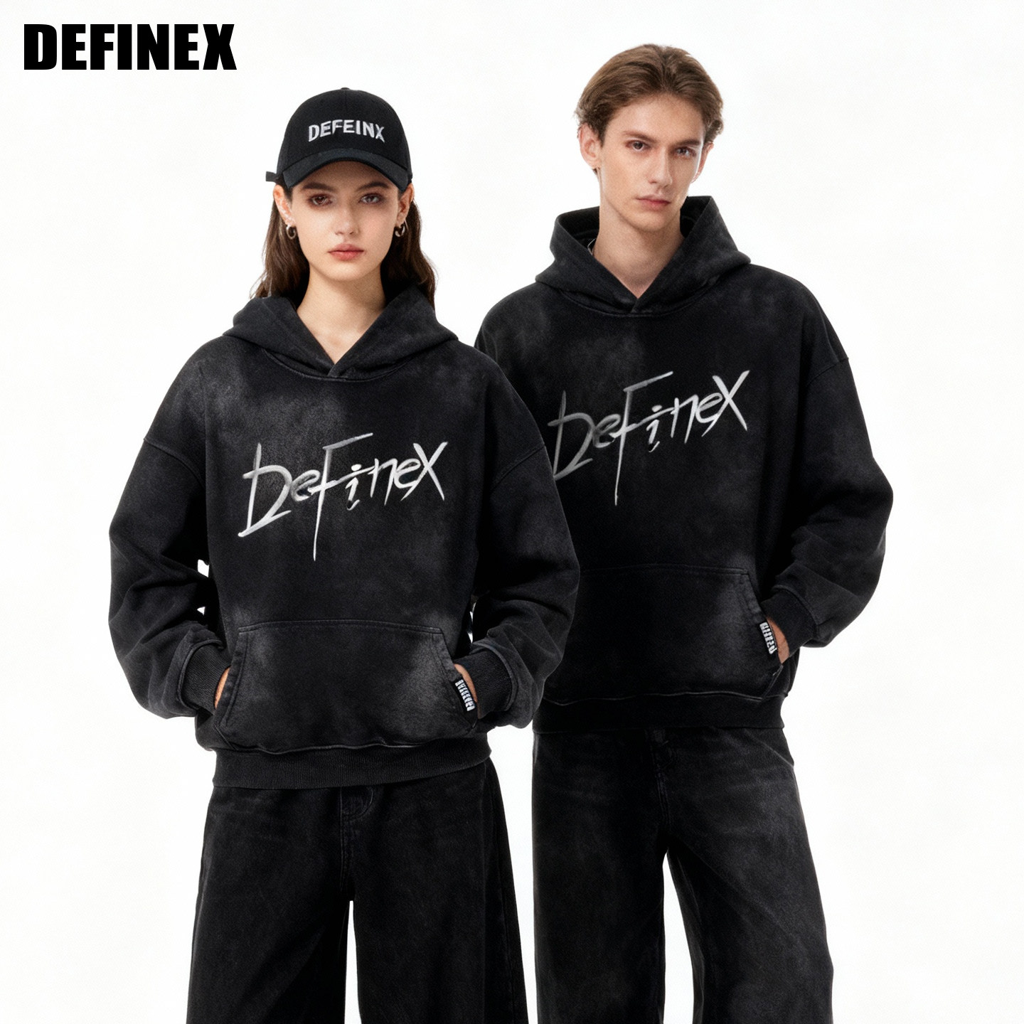 DEFINEX潮牌秋季新款亮银LOGO水洗做旧连帽宽松男女同款长袖卫衣