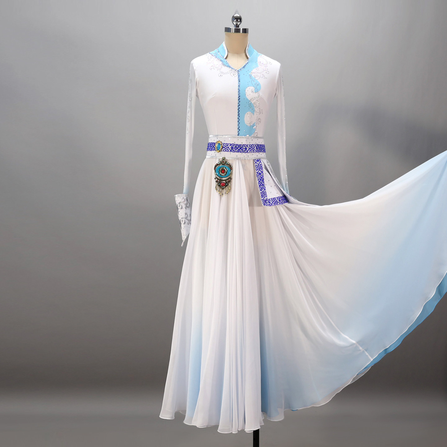 千织万丝民族舞蹈服装蒙族白色剧目服艺考独舞大摆裙演出服女定制