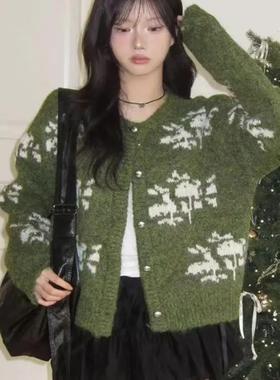 MONLOUVE覆古费尔岛2025秋季新款提花针织开衫女绿色宽松百搭针织