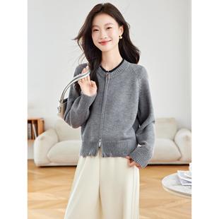 MONLOUVE秋季圆领拉炼针织开衫女装2025新款波尔多红毛衣外套洋气