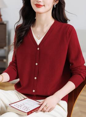 MONLOUVE本命年红色V领假两件针织衫女2025秋新款套头显瘦毛衣打