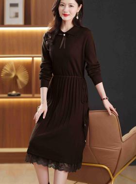 MONLOUVE2025新款红色针织连衣裙女秋冬新款收腰蕾丝拼接气质打底