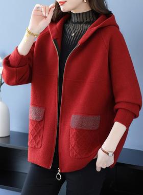 MONLOUVE红色连帽外套女中年妈妈秋冬中长款洋气开衫宽松显瘦拉炼