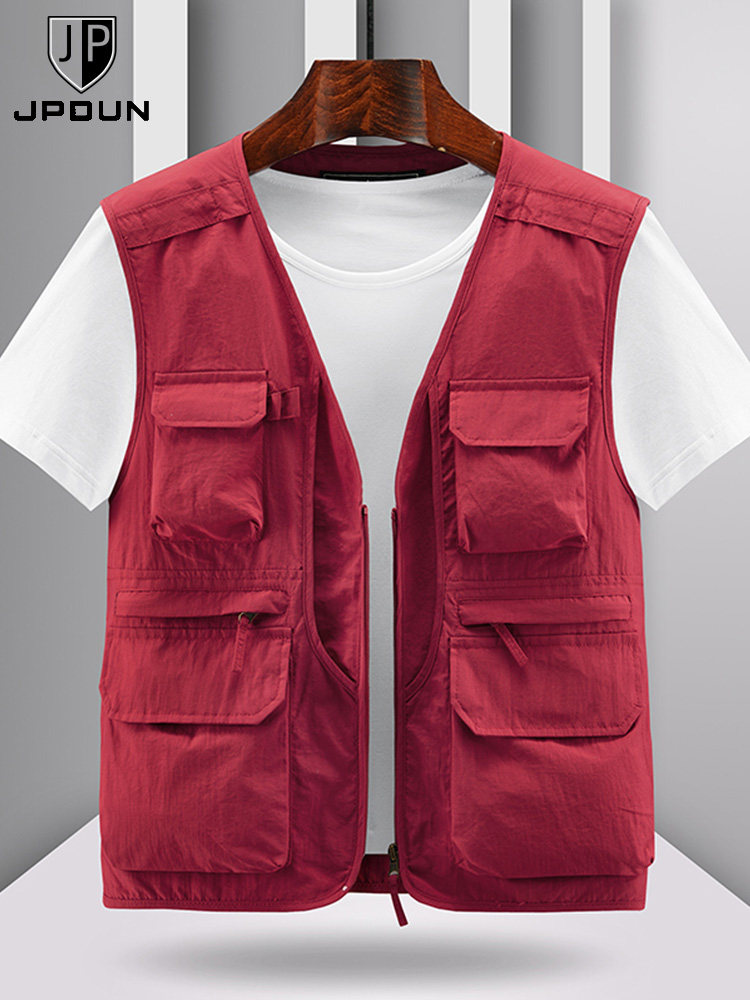 JPDUN MENS AUTUMN THIN VEST MIDDLE-AGED ELDERLY MULTI-POCKET FISHING HORSE CLIP OUTDOOR CASUAL SLEEVELESS VEST