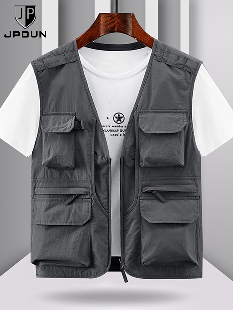 JPDUN MENS AUTUMN THIN VEST MIDDLE-AGED ELDERLY MULTI-POCKET FISHING HORSE CLIP OUTDOOR CASUAL SLEEVELESS VEST