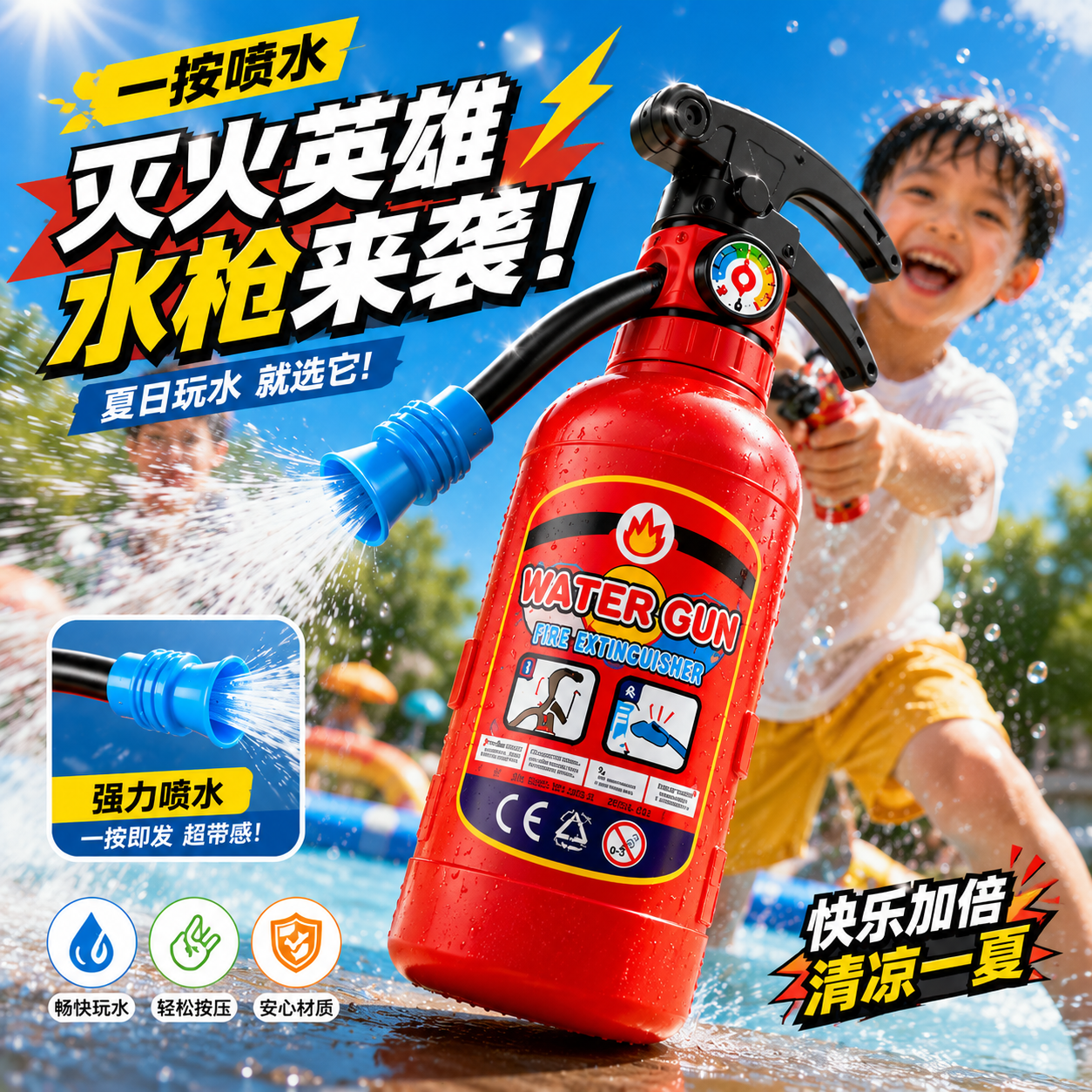 儿童戏水玩具彷真灭火器呲水枪打水仗神器男孩女孩礼物抽拉喷水枪