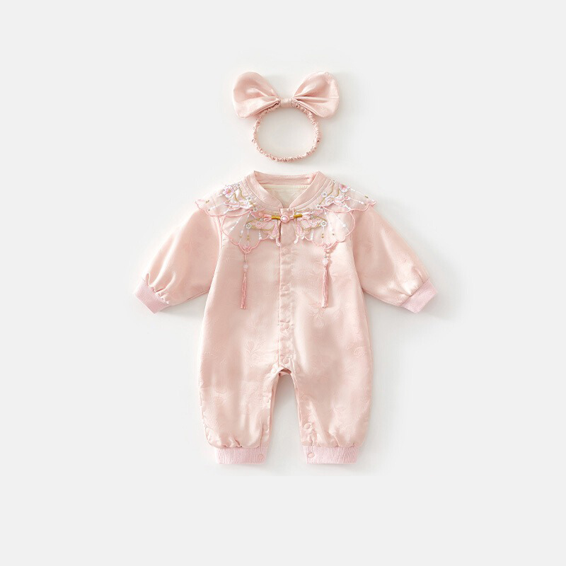 婴儿衣服秋装宝宝百天周岁礼服婴幼儿国风抓周连体衣春秋中式爬服