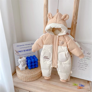 婴儿冬季羽绒棉服长袖男宝宝女超萌连体衣冬装外出服套装棉衣爬服