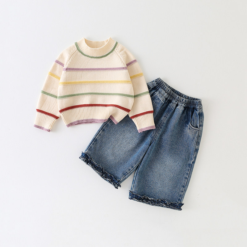 婴幼儿时尚套装分体宝宝春秋衣服婴儿早秋针织衫牛仔裤两件套秋冬