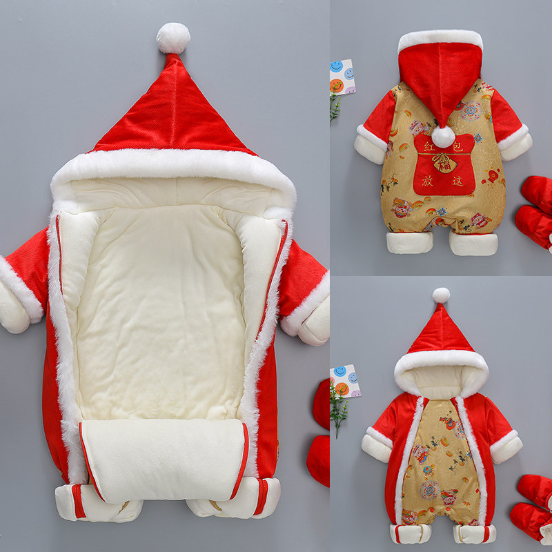 宝宝加厚连体衣冬季婴儿衣服冬装过年双财神红色爬服拜年新年红包