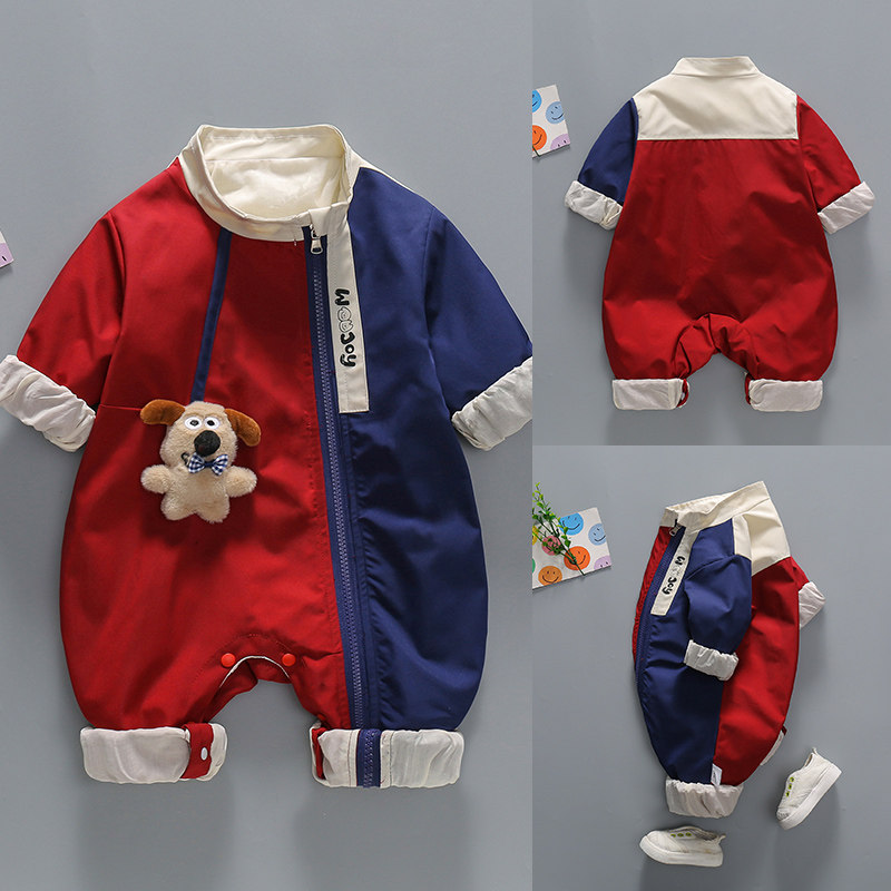 婴儿衣服撞色冲锋衣连体衣早秋秋季装款宝宝超萌洋气外出哈衣爬服