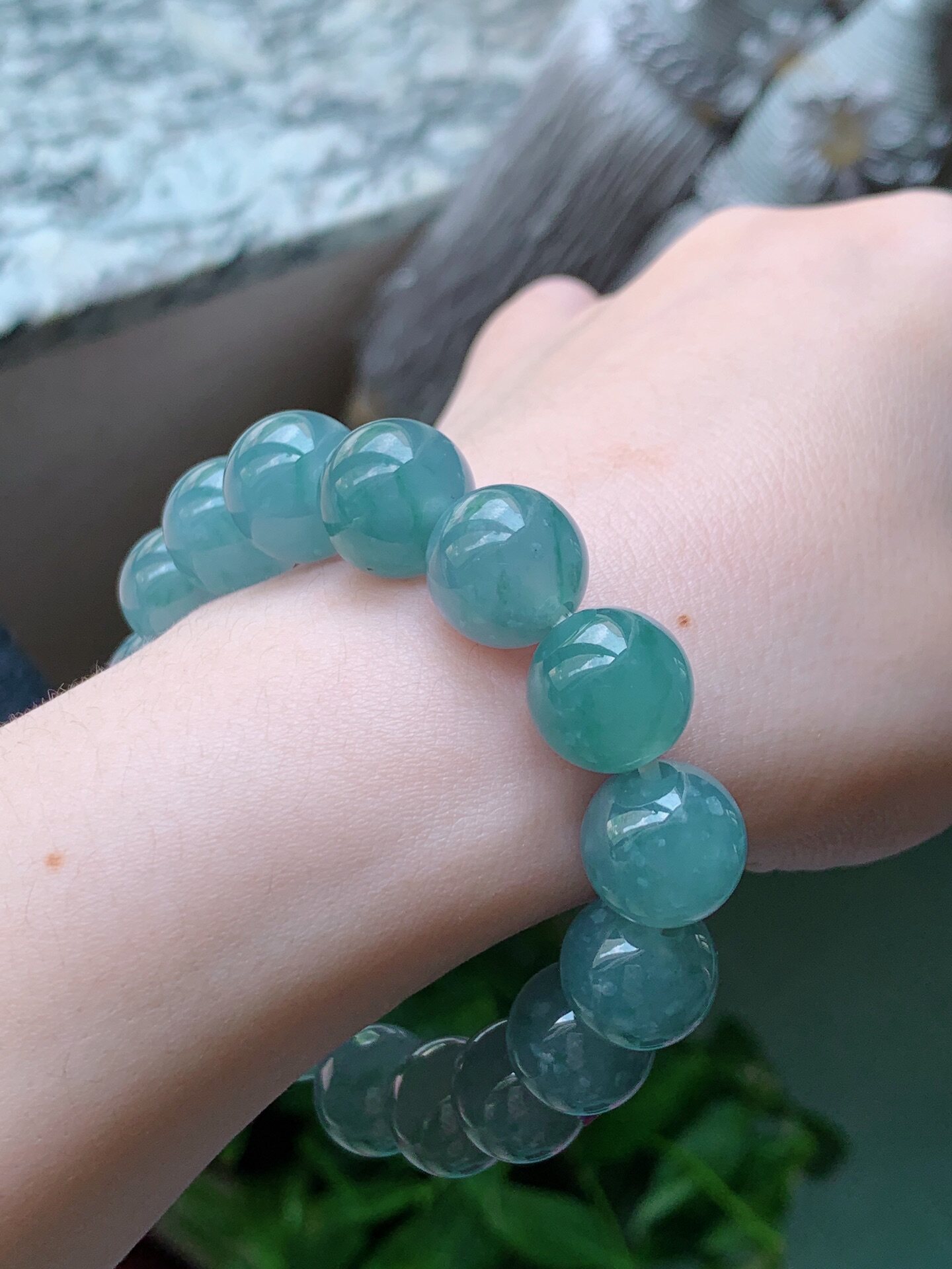 纯天然缅甸a货级真玉冰种老蓝水飘花紫色罗兰翡翠手串圆珠链女款