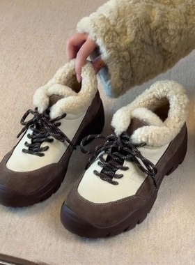 复古系带保暖加绒毛毛休闲单鞋女2025秋冬款小个子厚底时尚德训鞋