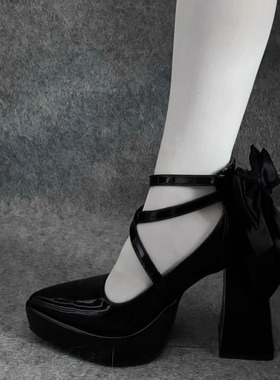 小个子厚底防水台尖头高跟鞋哥特风甜酷蝴蝶结粗跟气质lolita鞋女