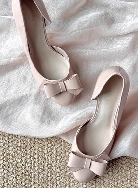 法式漆皮一脚蹬圆头晚晚单鞋女2025新款百搭温柔侧空蝴蝶结高跟鞋