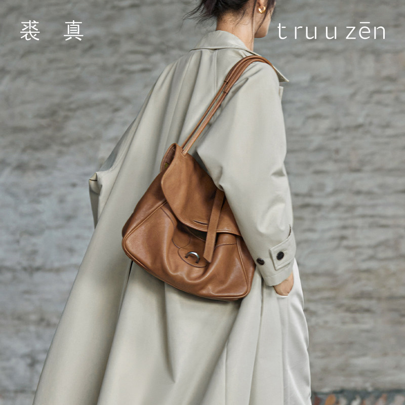 裘真植鞣牛皮包包小众复古斜挎托特包通勤大容量真皮001邮差包女